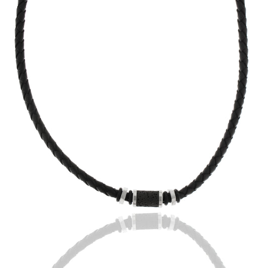Collier aus Edelstahl mit Lavastein und Flechtkordel in schwarz